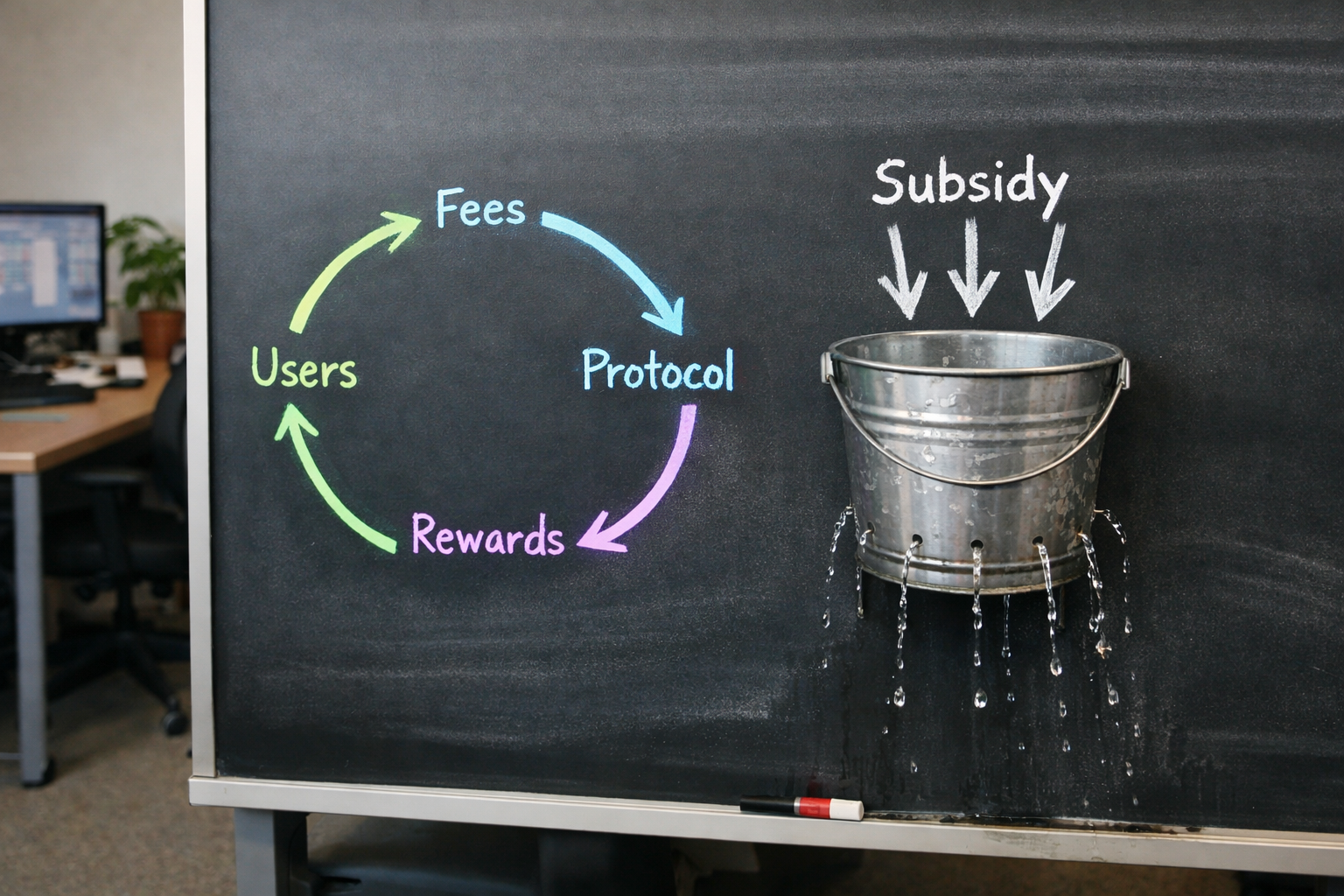Flowchart and leaking bucket illustrating incentive design tradeoffs