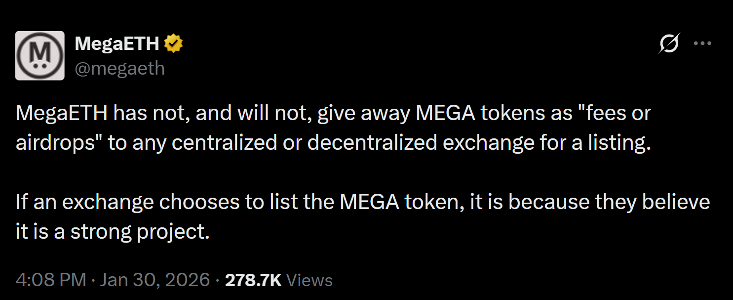 MegaETH official announcement on X stating it will not provide token incentives for listings